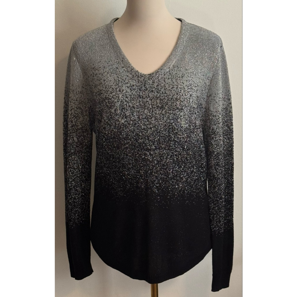 Women's NOTATIONS Petite PXL Black Silver Ombre V-Neck Sweater